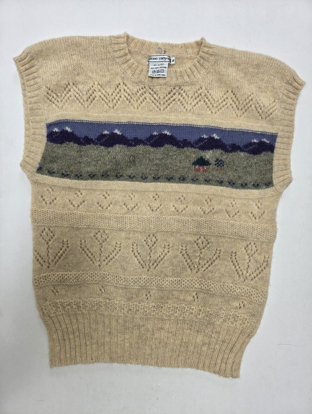 VTG Stone Canyon 100% shetland wool cottage core scenic knit tulip pattern  M